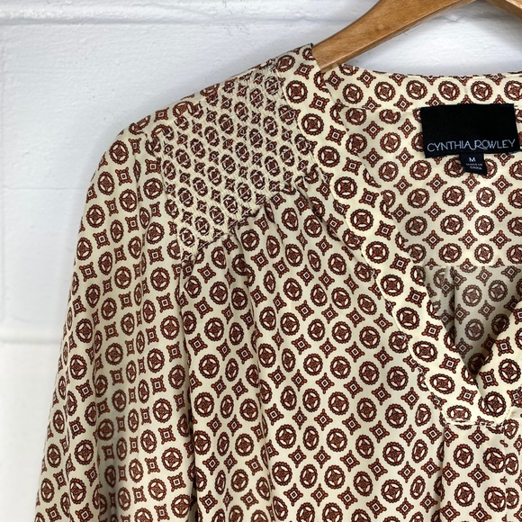 Cynthia Rowley Geometric Blouse Cream Brown M - Picture 2 of 16